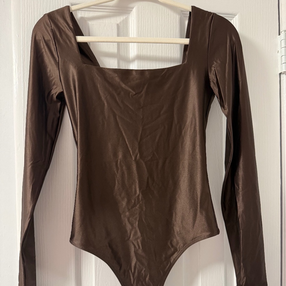 Black Babaton long sleeve square neck satin bodysuit #bodysuit